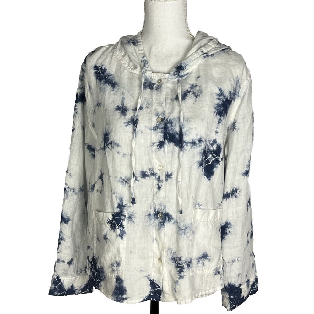 Rachel Zoe 100% linen blue white tie dye button Down hoodie shirt Size M